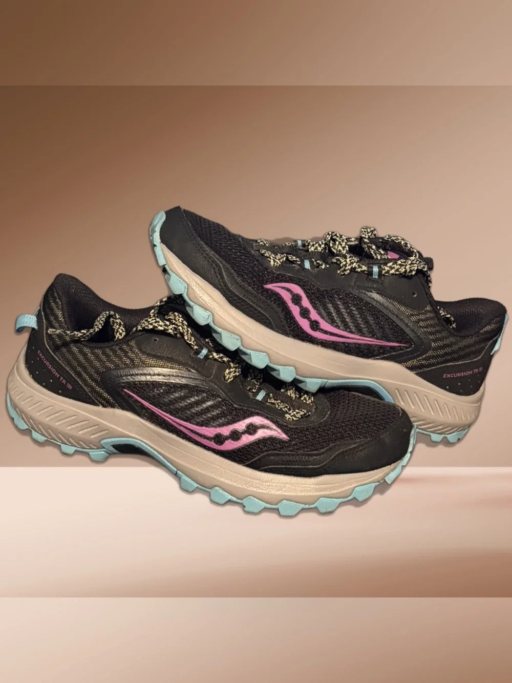 Saucony Women’s TR 15 Black Running Shoes with Pink and Light Blue Accents